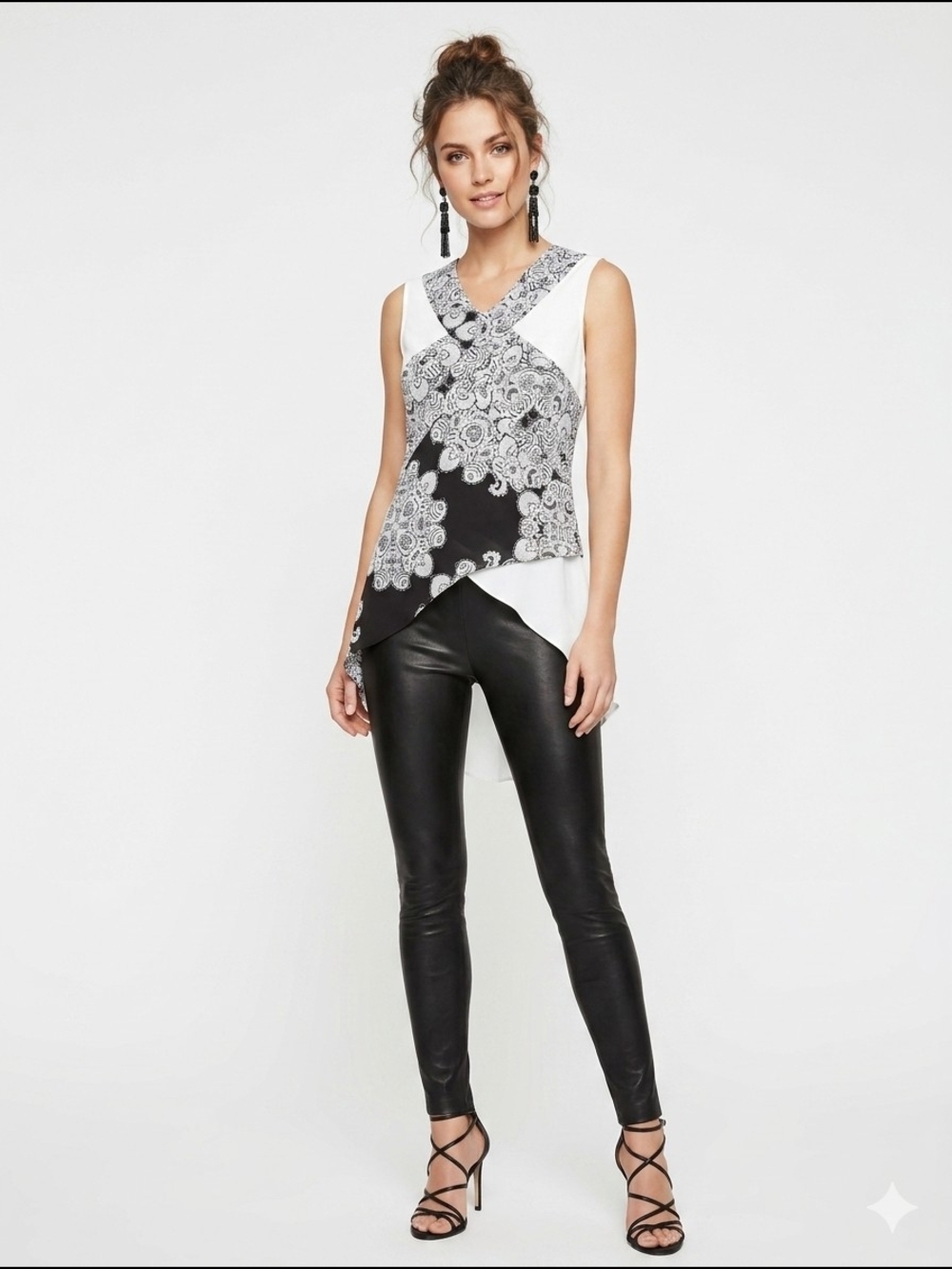 BCBGMaxAzria Black and White Sleeveless Lace-Print Top